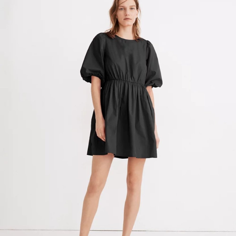 Madewell Poplin Crewneck Bubble-Sleeve Mini Dress in White